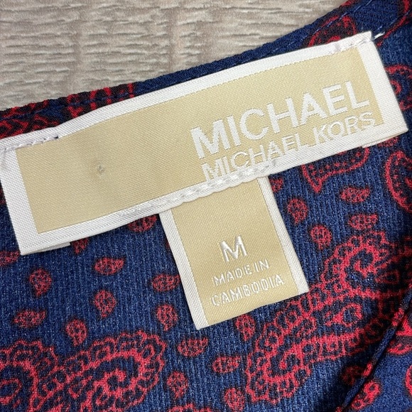 NWOT MICHAEL Michael Kors Short Sleeve Blouse Smocked Hem Navy Paisley Print M - Picture 9 of 16